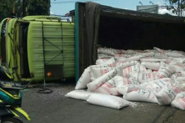 Truk Tronton Bermuatan Pupuk Alami Kecelakaan